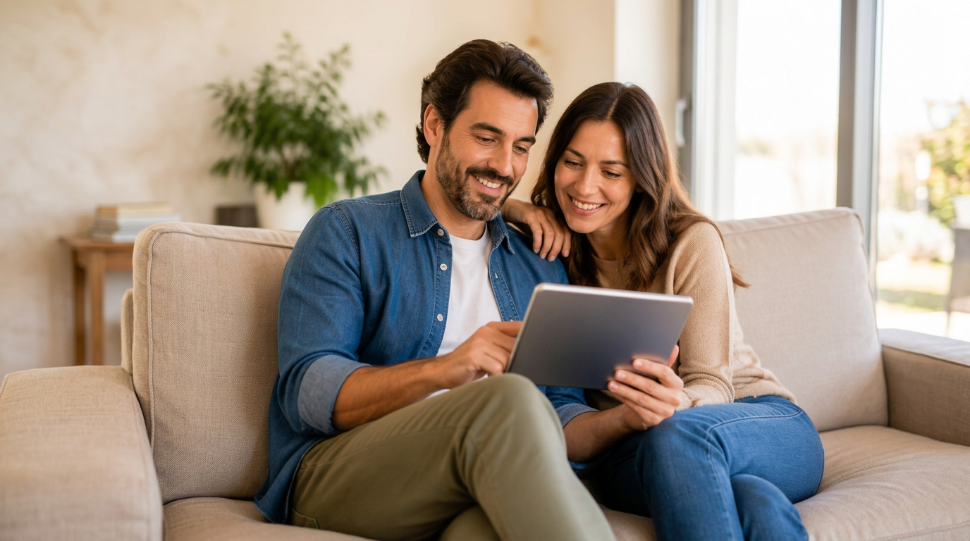 Coppia sorridente che controlla le proprie finanze